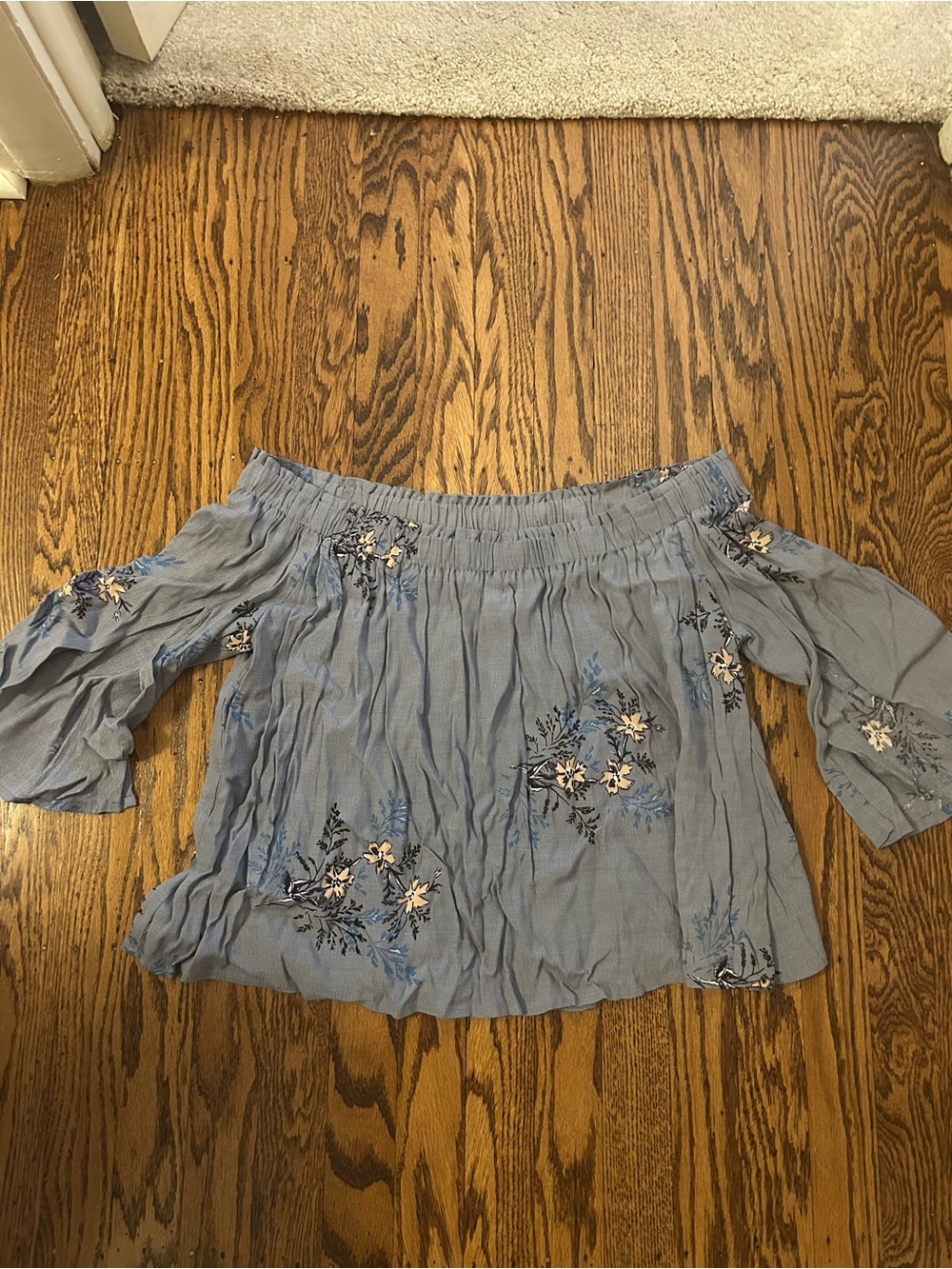 Astr Light Blue Off-Shoulder Floral Embroidered Blouse